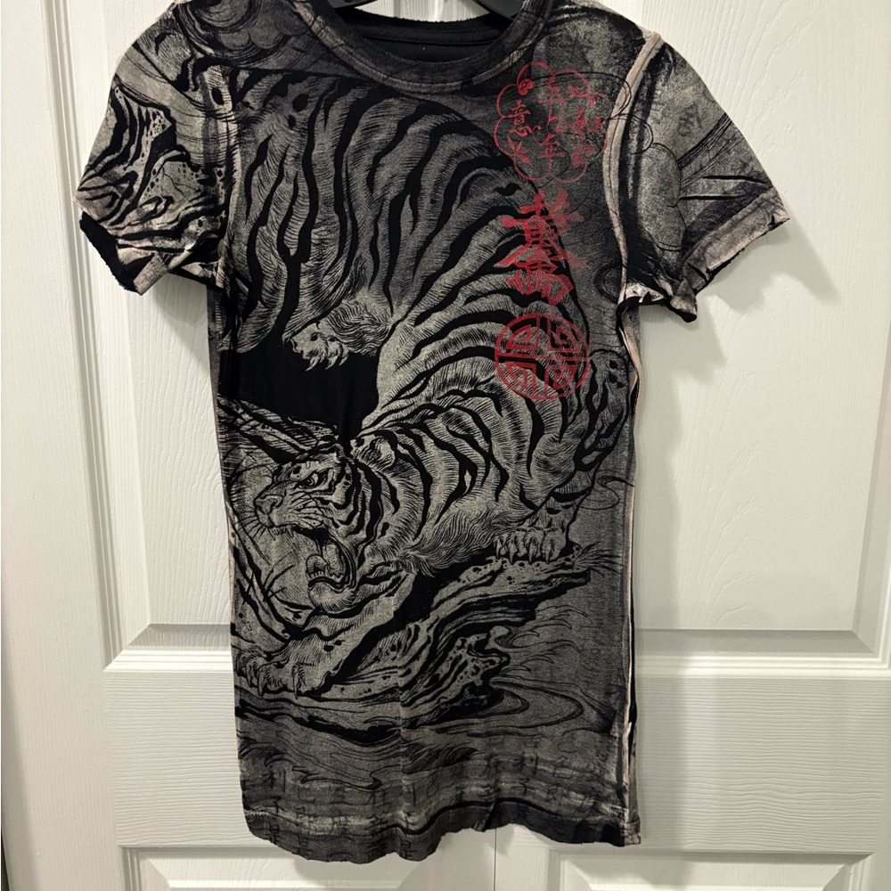 Sinful Black and Cream Tiger Tee with Red Accents